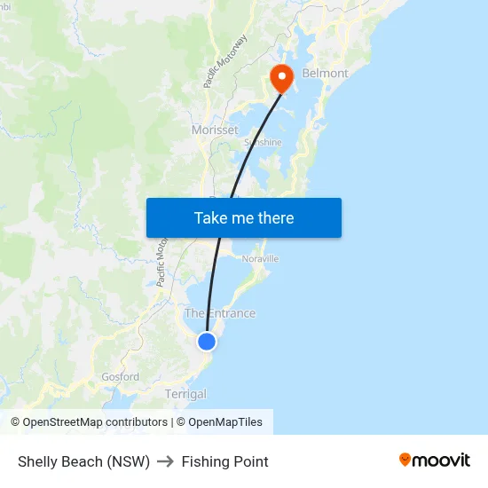 Shelly Beach (NSW) to Fishing Point map