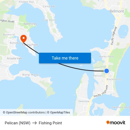 Pelican (NSW) to Fishing Point map