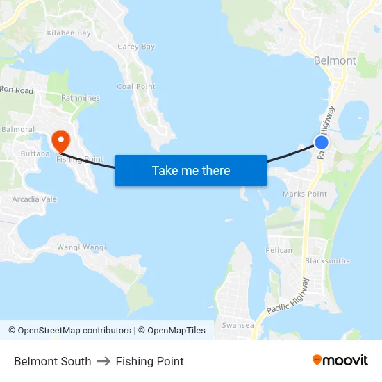 Belmont South to Fishing Point map