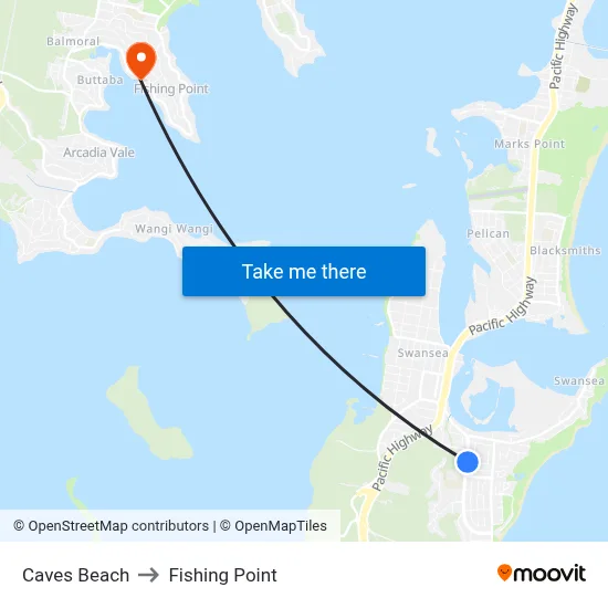 Caves Beach to Fishing Point map