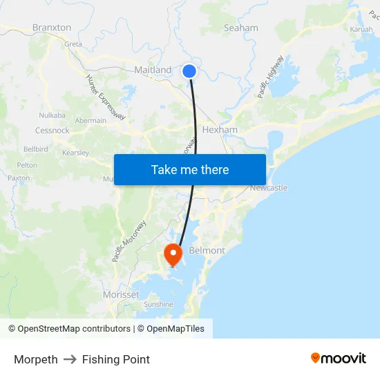 Morpeth to Fishing Point map
