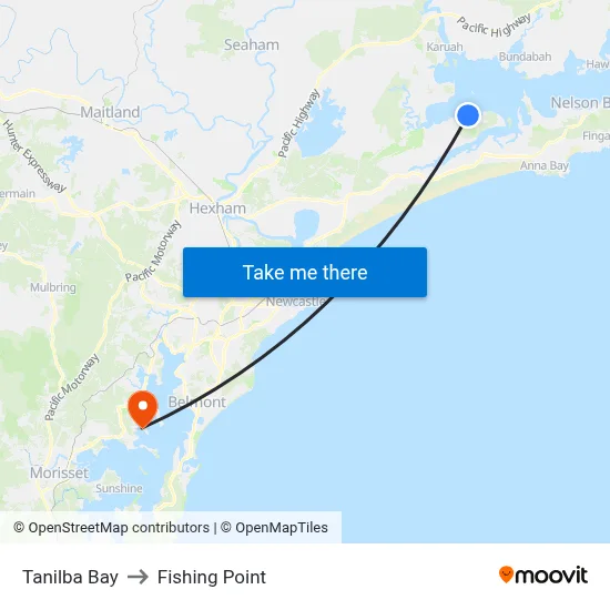 Tanilba Bay to Fishing Point map
