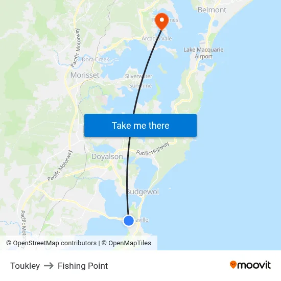 Toukley to Fishing Point map