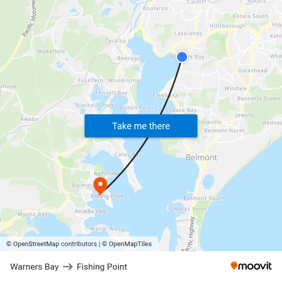 Warners Bay to Fishing Point map