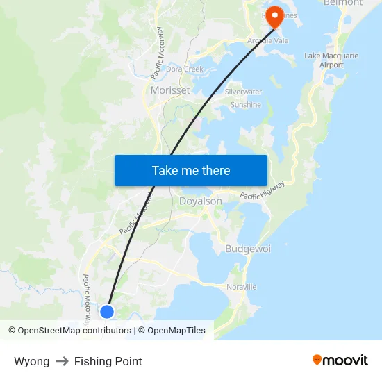 Wyong to Fishing Point map