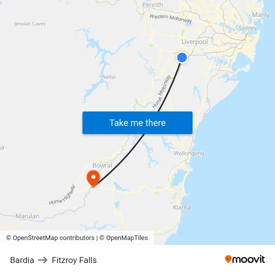 Bardia to Fitzroy Falls map
