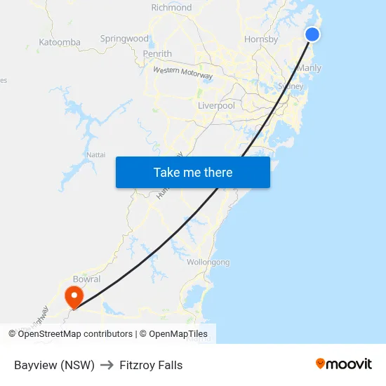 Bayview (NSW) to Fitzroy Falls map