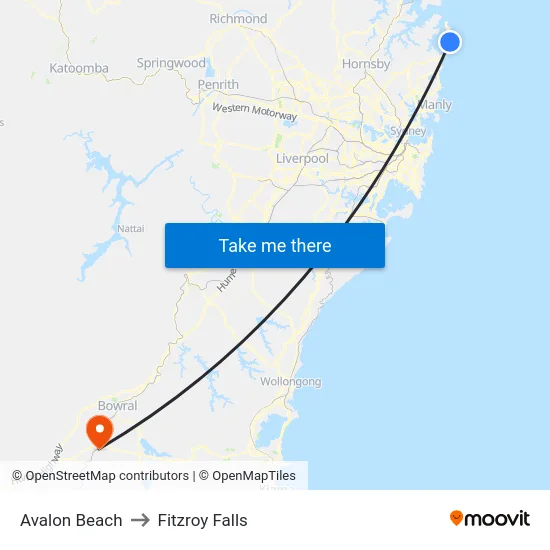 Avalon Beach to Fitzroy Falls map