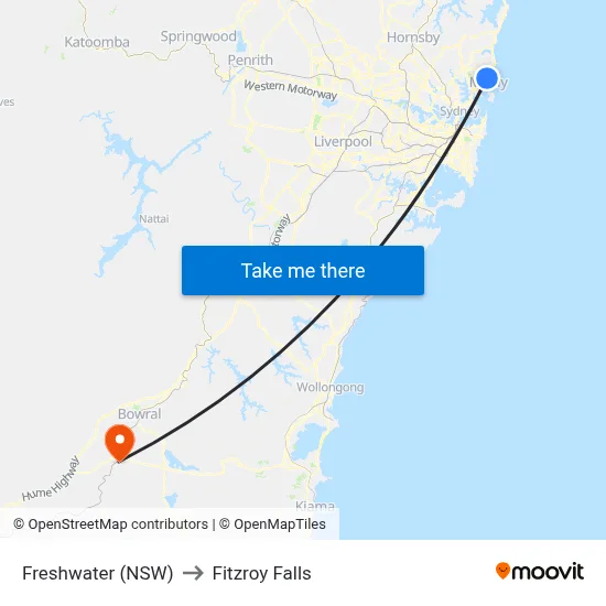 Freshwater (NSW) to Fitzroy Falls map
