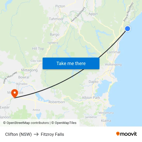 Clifton (NSW) to Fitzroy Falls map