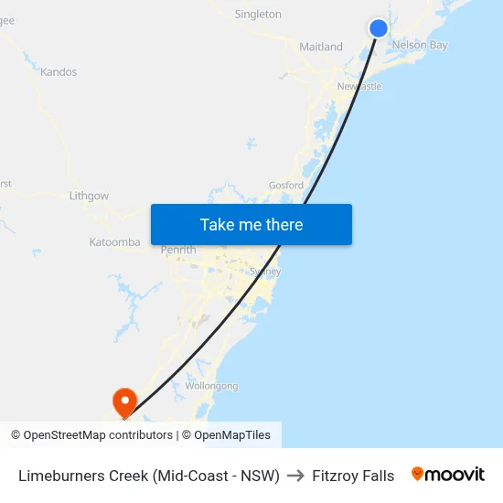 Limeburners Creek (Mid-Coast - NSW) to Fitzroy Falls map