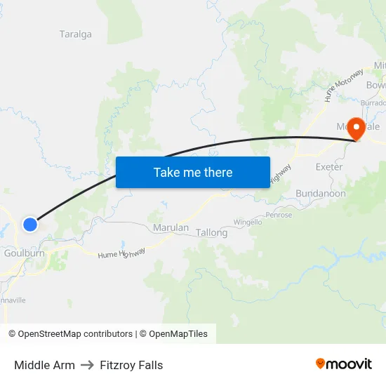 Middle Arm to Fitzroy Falls map