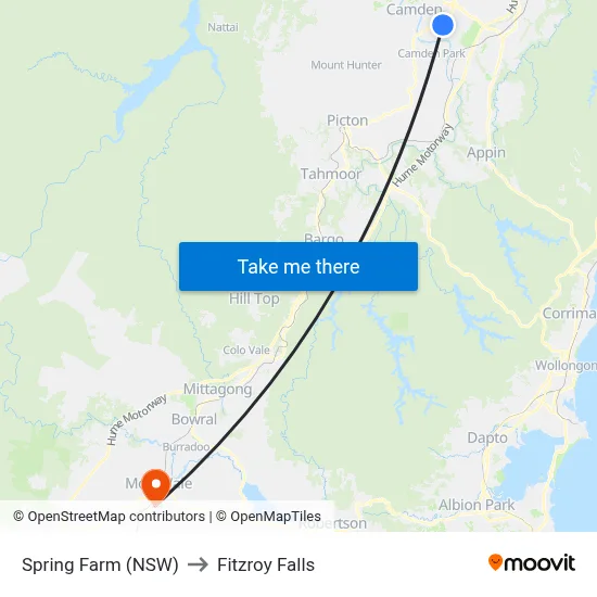 Spring Farm (NSW) to Fitzroy Falls map
