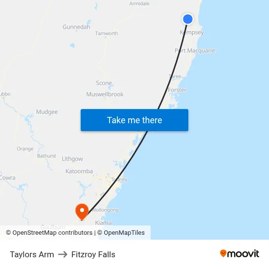 Taylors Arm to Fitzroy Falls map