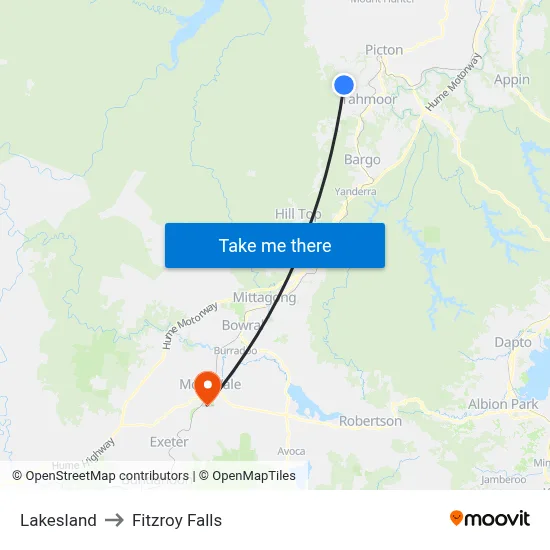Lakesland to Fitzroy Falls map