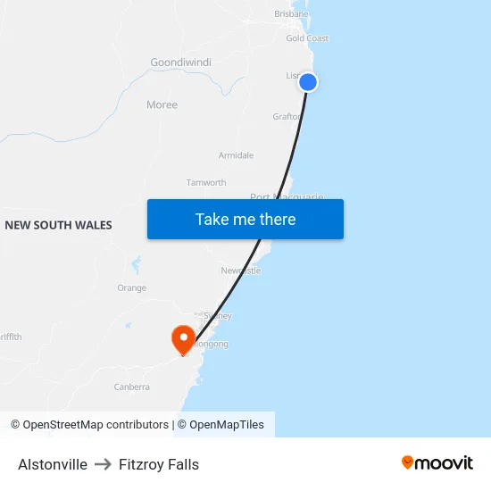 Alstonville to Fitzroy Falls map