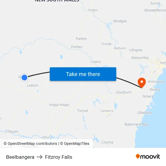 Beelbangera to Fitzroy Falls map