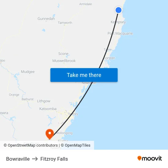 Bowraville to Fitzroy Falls map