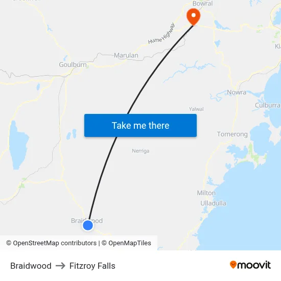Braidwood to Fitzroy Falls map