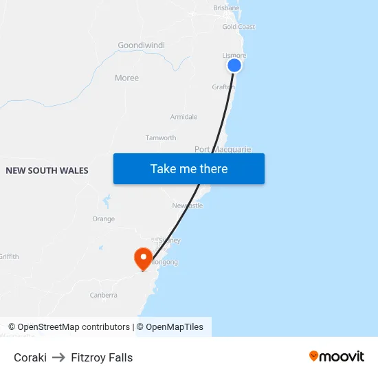 Coraki to Fitzroy Falls map