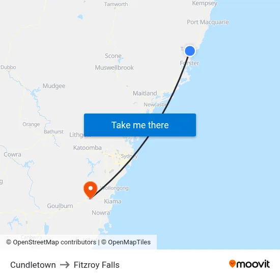 Cundletown to Fitzroy Falls map