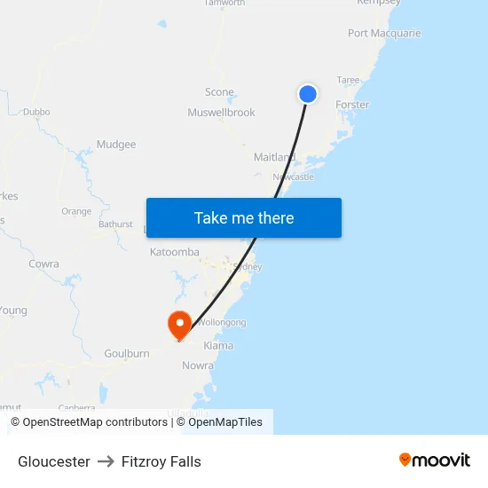 Gloucester to Fitzroy Falls map