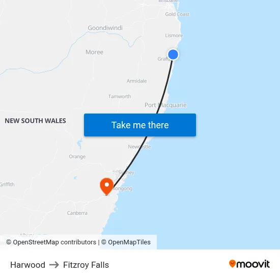 Harwood to Fitzroy Falls map