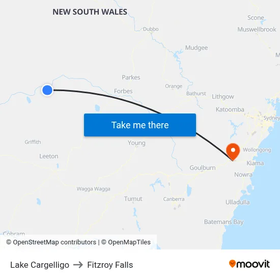 Lake Cargelligo to Fitzroy Falls map