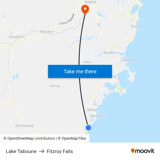 Lake Tabourie to Fitzroy Falls map