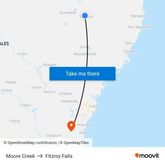 Moore Creek to Fitzroy Falls map