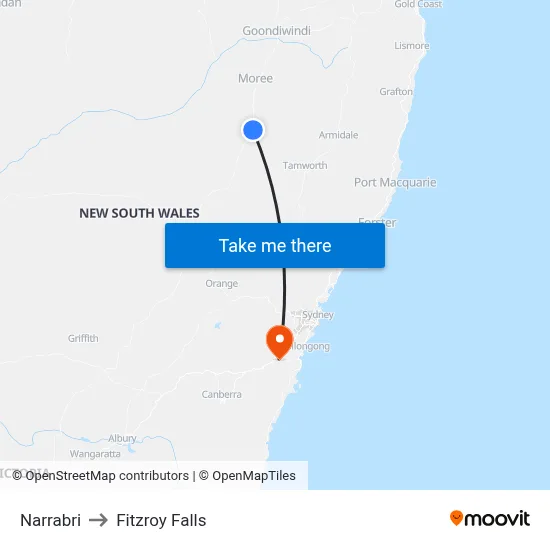 Narrabri to Fitzroy Falls map
