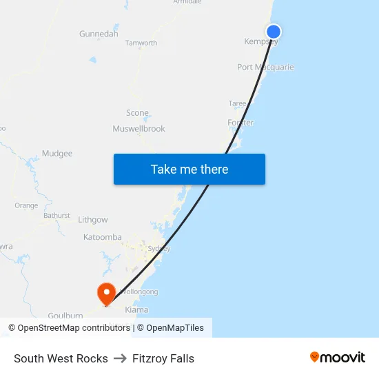 South West Rocks to Fitzroy Falls map