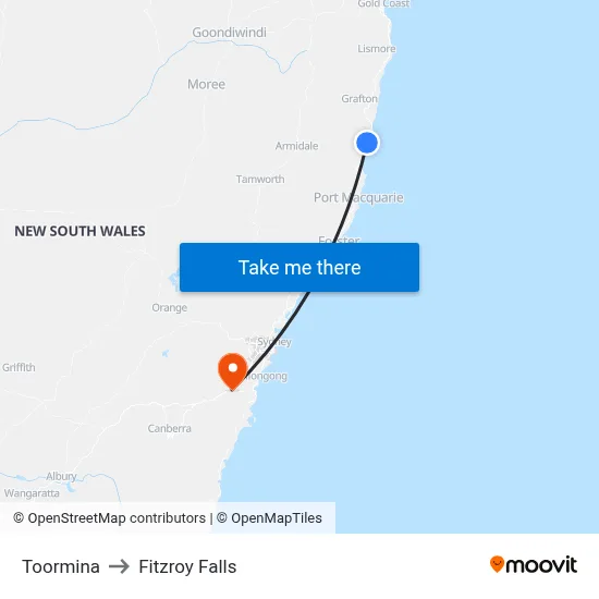 Toormina to Fitzroy Falls map