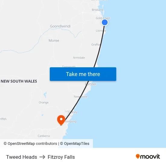 Tweed Heads to Fitzroy Falls map