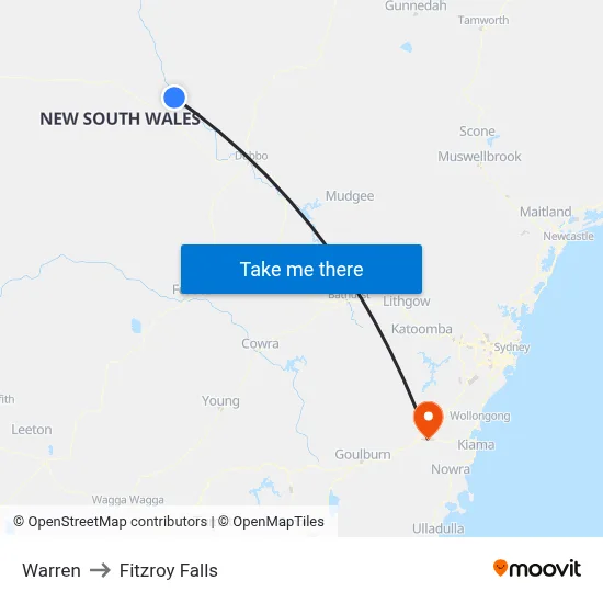 Warren to Fitzroy Falls map