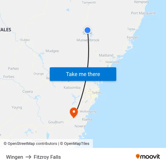 Wingen to Fitzroy Falls map