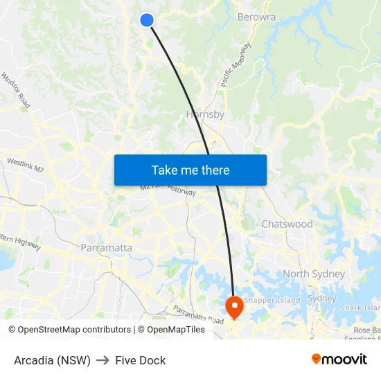 Arcadia (NSW) to Five Dock map