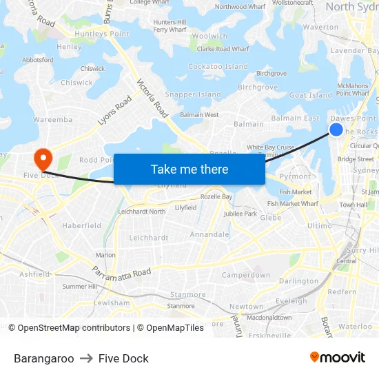 Barangaroo to Five Dock map