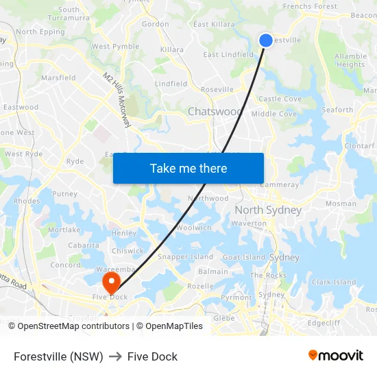 Forestville (NSW) to Five Dock map