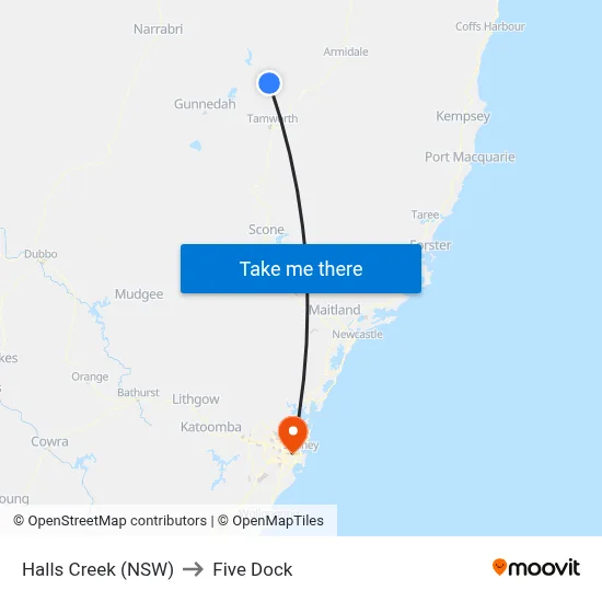 Halls Creek (NSW) to Five Dock map