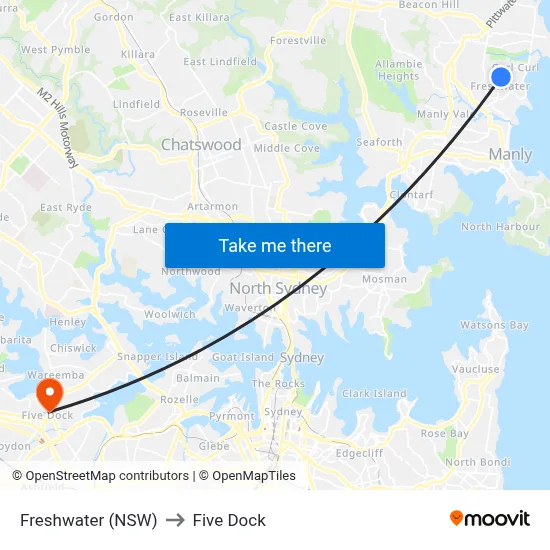 Freshwater (NSW) to Five Dock map