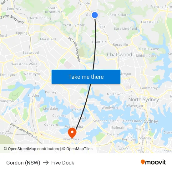 Gordon (NSW) to Five Dock map