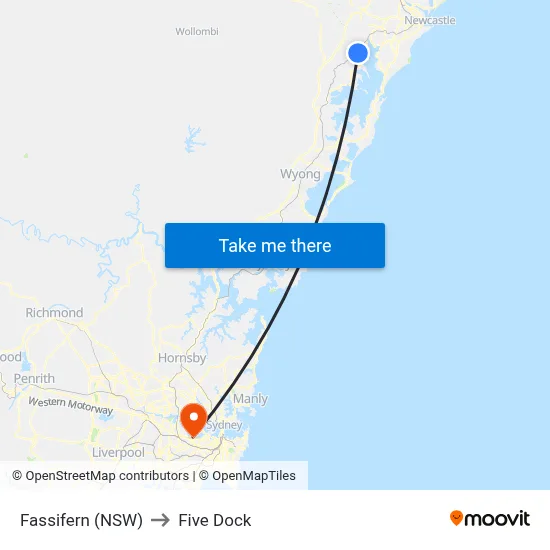 Fassifern (NSW) to Five Dock map