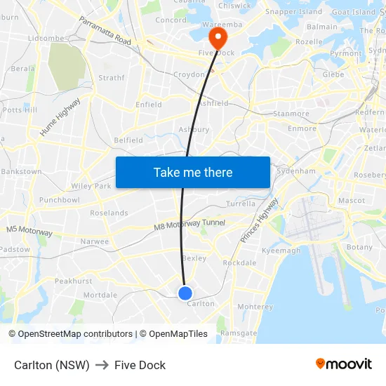 Carlton (NSW) to Five Dock map