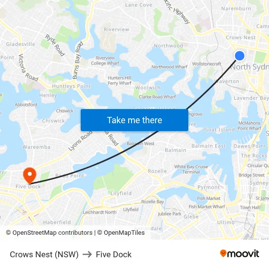 Crows Nest (NSW) to Five Dock map