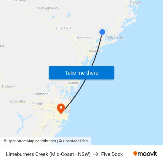 Limeburners Creek (Mid-Coast - NSW) to Five Dock map