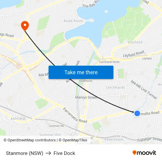 Stanmore (NSW) to Five Dock map