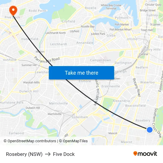 Rosebery (NSW) to Five Dock map