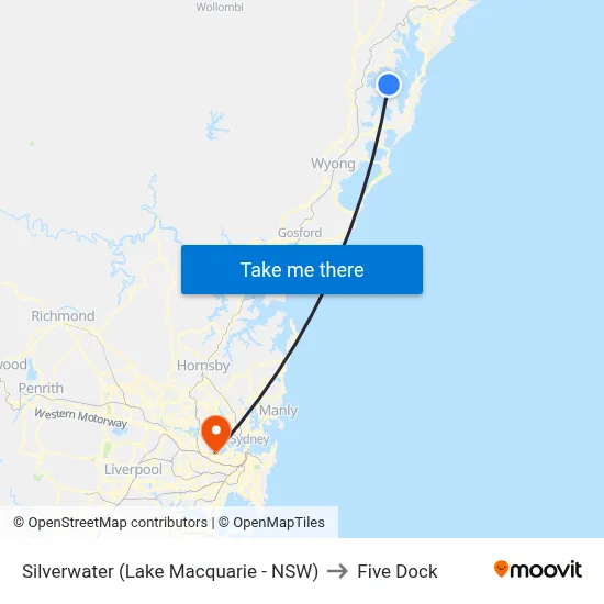 Silverwater (Lake Macquarie - NSW) to Five Dock map