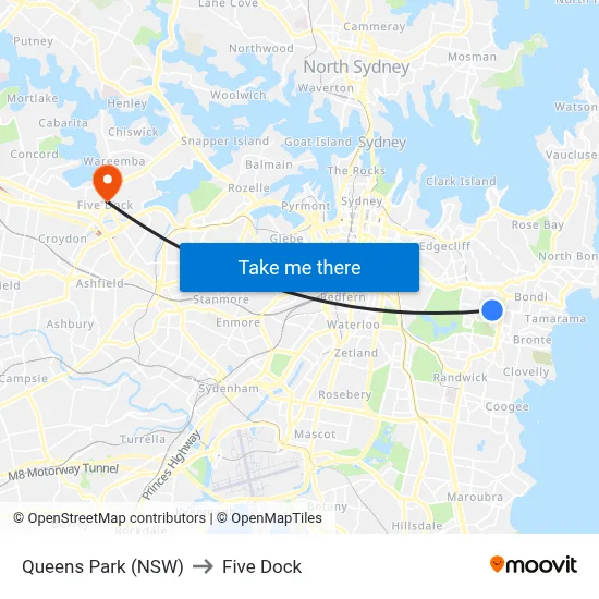 Queens Park (NSW) to Five Dock map